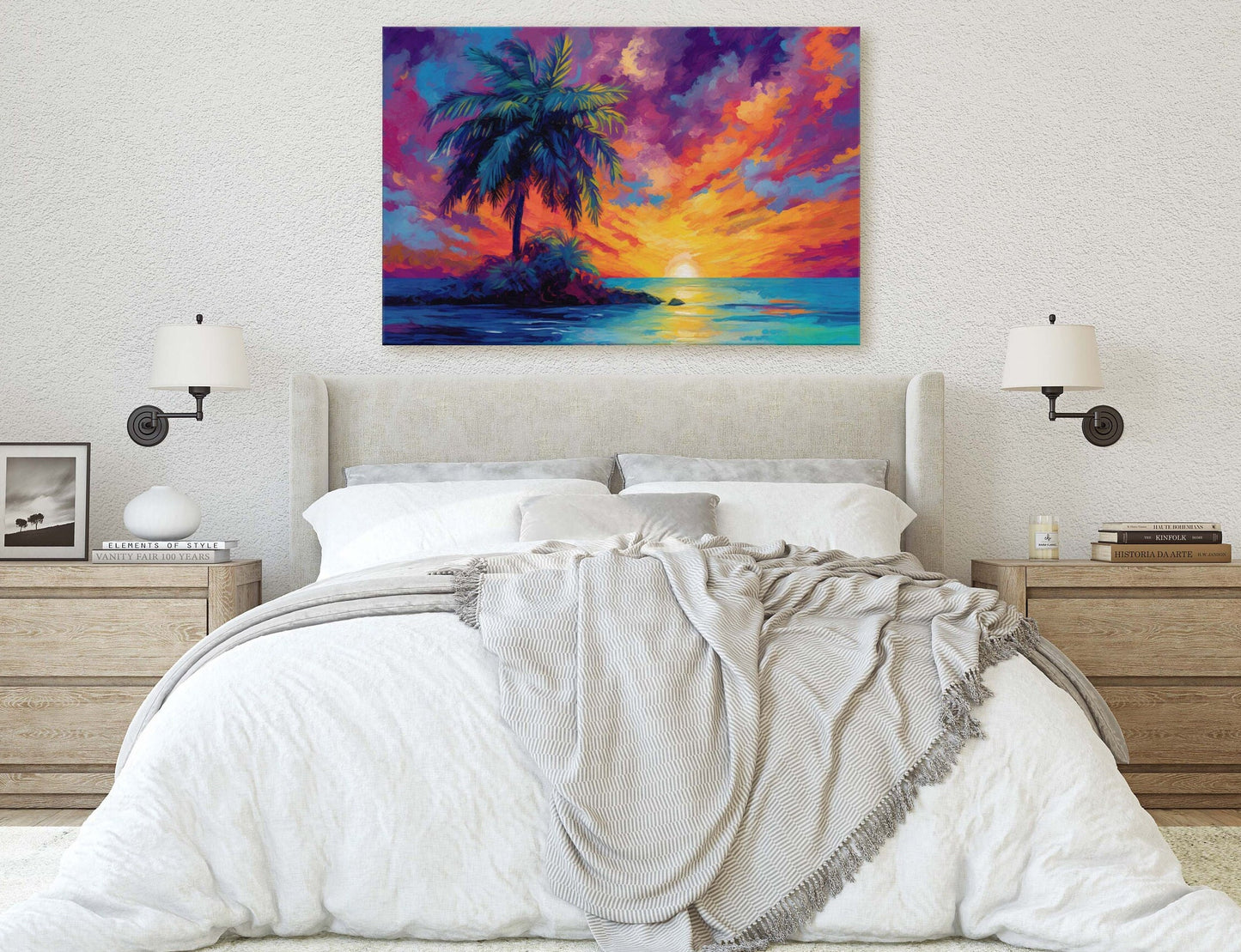 Vivid Palm Sunset on Canvas, Palm Tree Dusk, Evening Ocean View, Oceanside, Colorful Beach, Framed Canvas, Watercolor, Painting