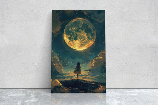 Traveler Moon, Full Moon, Woman Moonlit, Gold Moon, Cloudy Sky, Moonrise, Large Art Print, Gold and Indigo, Wall Art