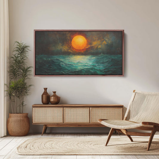 Dark Sunset, Orange Sun, Green Sea, Dark Colors, Moody Print