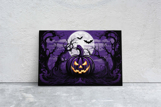 Spooky Jack-Lantern, Purple Moon, Halloween Spooky, Halloween Pumpkin Art, Scary Art, Pumpkin Patch, Poster Print, Framed Canvas