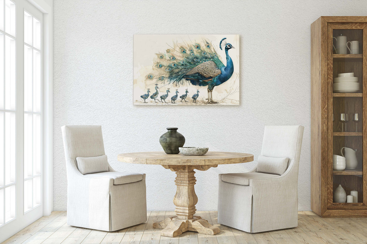 Peacock Family, Peacock Painting, Bird Family, Mom and Kids, Children Babies, Large Art Print, Framed Canvas, Dad Child