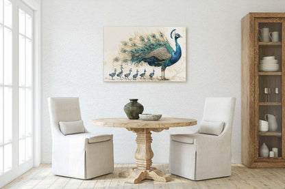Peacock Family, Peacock Painting, Bird Family, Mom and Kids, Children Babies, Large Art Print, Framed Canvas, Dad Child