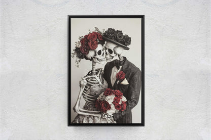 Skeleton Wedding, Bride and Groom, Halloween Decor, Gothic Art, Spooky Art, Bone Marriage