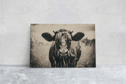 Black and White Cow, Cow Decor, Farm Animal, Barn Art, Farmhouse, Cow Photo, Cow Painting, Framed Canvas, Mountain Cabin, Cottage