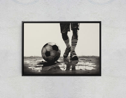 Soccer Painting, Black and White, Sports Decor, Soccer Player, Framed Canvas, Large print, Gift for Dad, Gift for Him