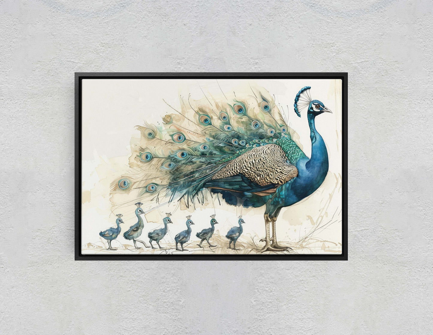 Peacock Family, Peacock Painting, Bird Family, Mom and Kids, Children Babies, Large Art Print, Framed Canvas, Dad Child