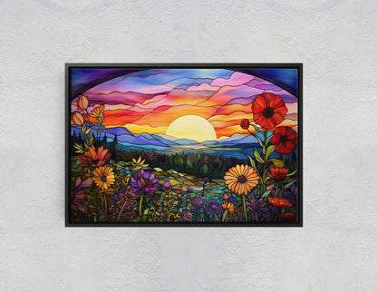 Sunset Painting, Faux Stained Glass, Colorful Vibrant, Sunrise Art, Flower Field. Mountain Decor, Framed Canvas