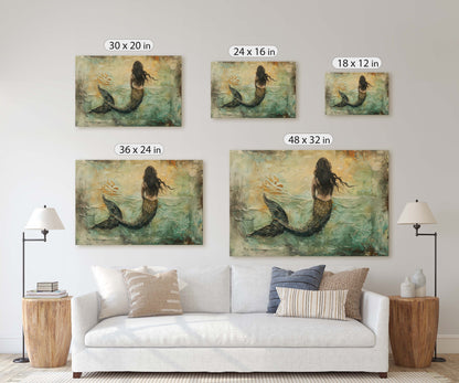 Mermaid in Solitude, Nautical Artwork, Ocean Decor, Mythical Creature, Fantasy Decor, Faux Metal, Framed Canvas, Extra Large Print