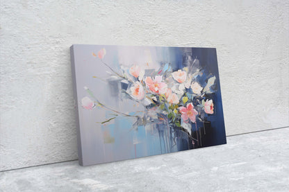 Abstract Floral Print, Flowers in Rain, Blue Canvas, Fine Art, Modern Artwork, Contemporary Print, Framed Canvas