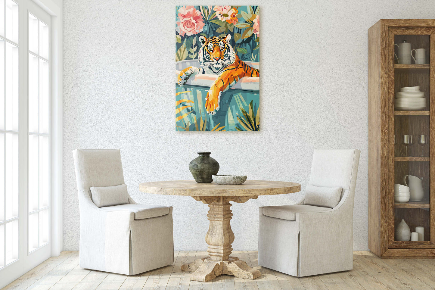 Tiger Bathtub, Maximalist Art, Dopamine Decor, Pink Kitsch, Bathroom Art, Framed Canvas, Large Art print, Dorm Decor