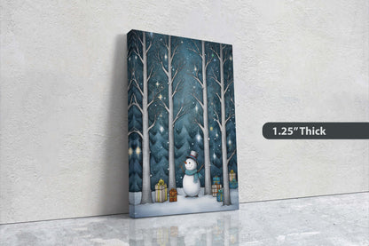 Snowman Presents Forest, Illustration Style, Snowy Forest, Snow Presents, Framed Canvas, Christmas Decor, Large Print, Winter Decor
