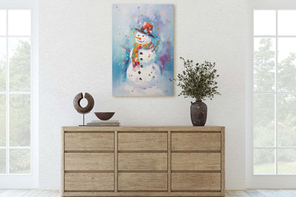 Colorful Snowman, Festive Winter Art, Holiday Decor, Christmas Print, Winter season, Framed Canvas, Snow man