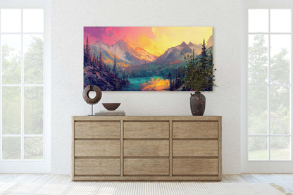 Colorful Mountain Sunrise On Canvas, Smoky Forest, Foggy Mountains, Vibrant Color, Abstract Art