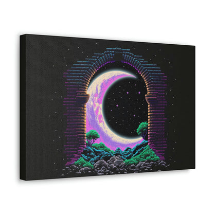 Moon Pixel Art Canvas Art Ready To Hang Large Print, Video Gamer, Man Cave, Synth Wave,