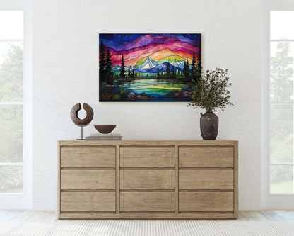 Aurora Borealis, Painting Night, Moon Mountains, Mountain Landscape, Framed Canvas, Cold Mountains, Snow Peaks