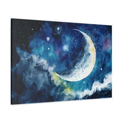 Watercolor Moon Sky Canvas Art Ready To Hang Large Print, Night Sky, Star Sky