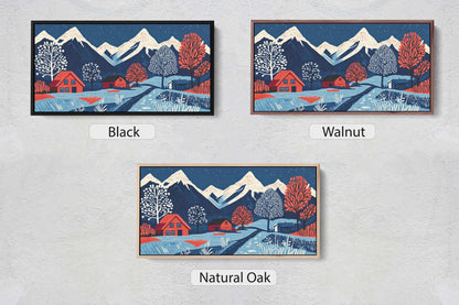 Scandinavian Village, Mountain Village, Mountain Town, Linocut Print