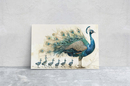 Peacock Family, Peacock Painting, Bird Family, Mom and Kids, Children Babies, Large Art Print, Framed Canvas, Dad Child