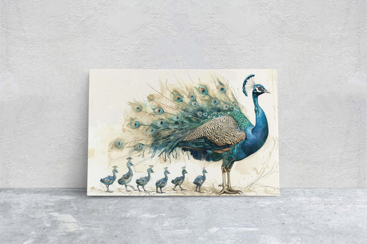 Peacock Family, Peacock Painting, Bird Family, Mom and Kids, Children Babies, Large Art Print, Framed Canvas, Dad Child