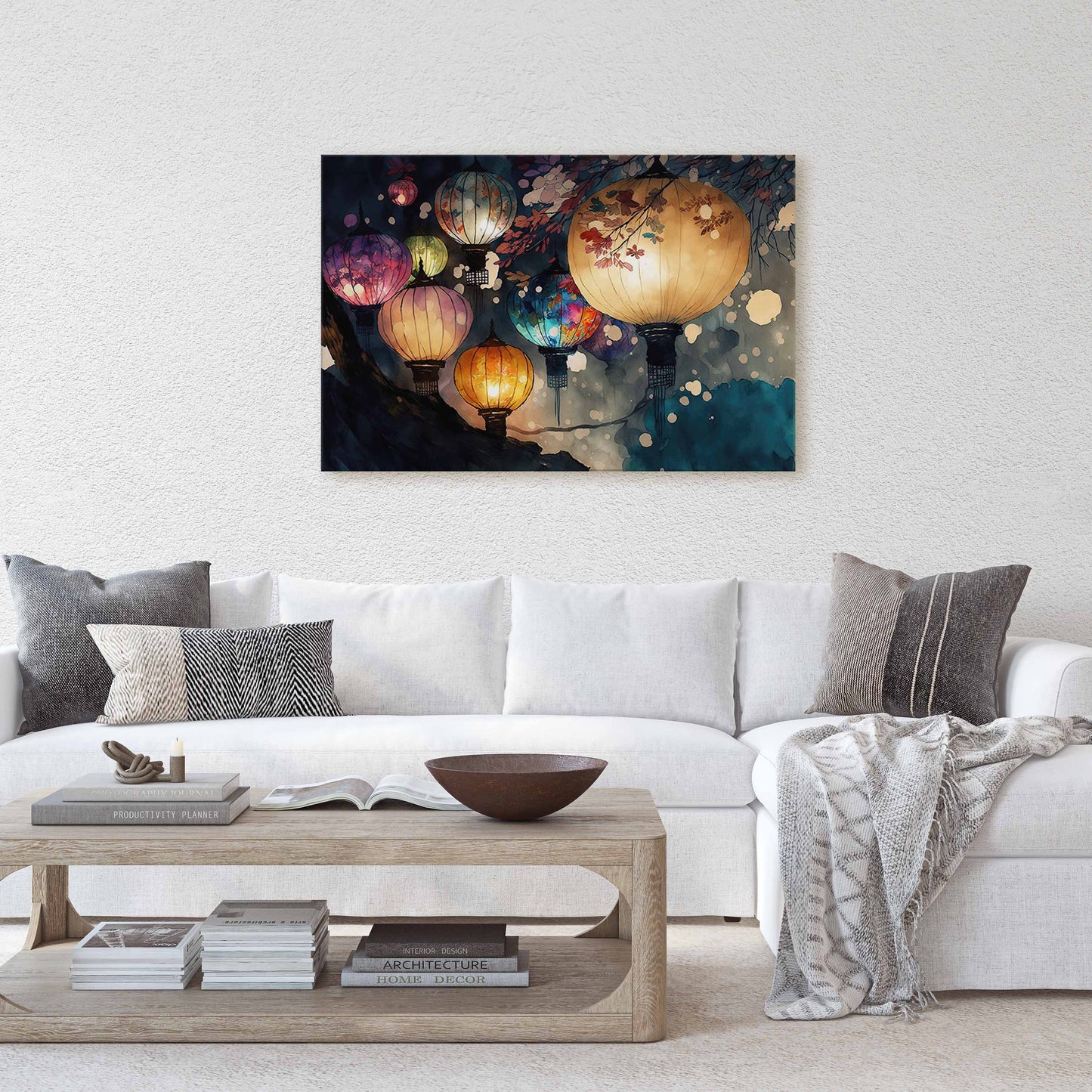 Paper Lantern Festival Canvas Art Ready To Hang Large Print, Night Sky, Watercolor, Chinese, Japanese