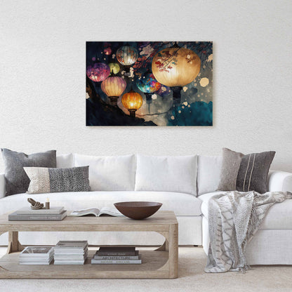 Paper Lantern Festival Canvas Art Ready To Hang Large Print, Night Sky, Watercolor, Chinese, Japanese