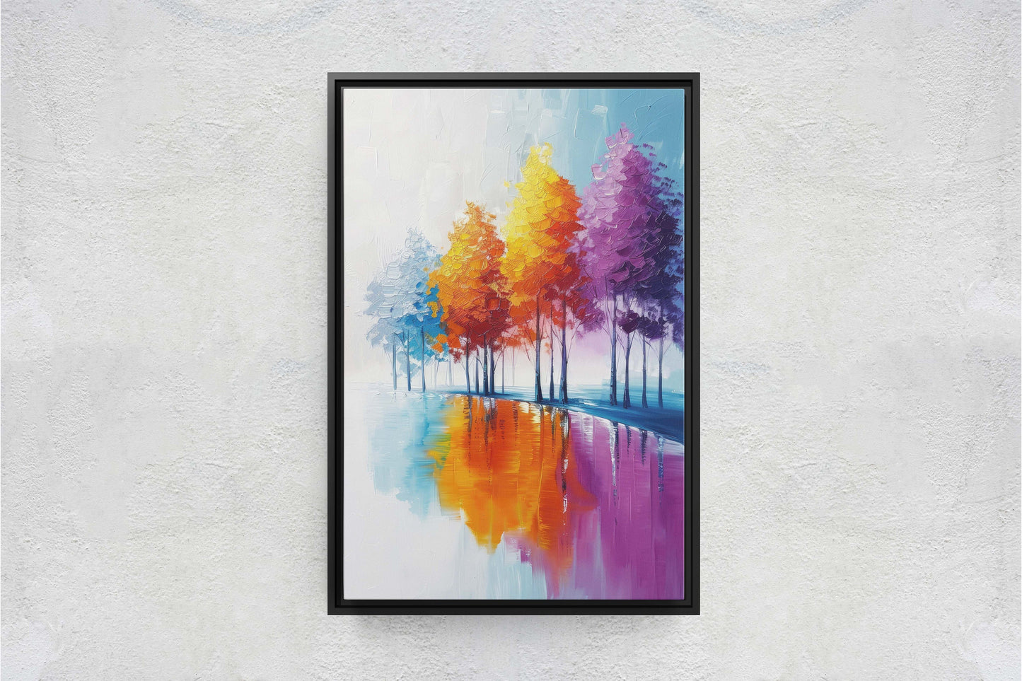 Trees By Lake, Colorful Foliage, Rainbow Trees, Pastel Colors, Blue White, Orange Purple, Framed Canvas, Large Art print