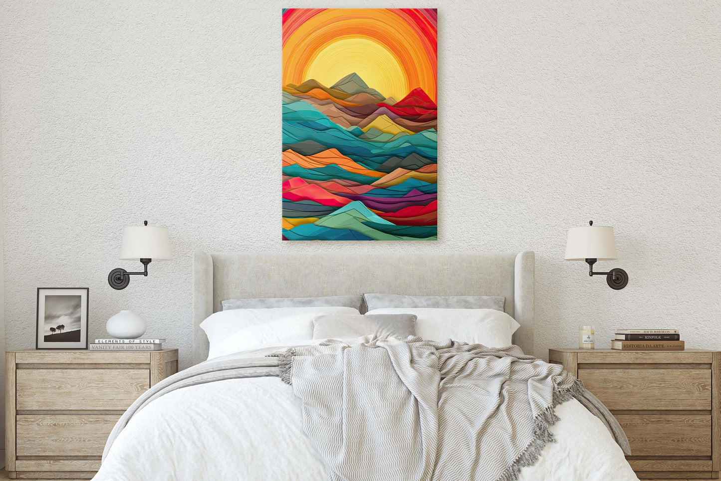 Sunshine Mountain on Canvas, Sunset Decor, Flat Art, Vibrant Color, Bold Art, Vertical, Abstract, Mid Century Modern, Scandinavian Print