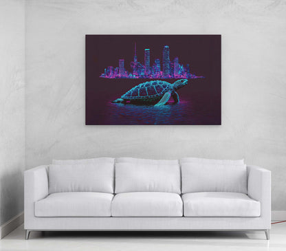 Turtle Pixel Art Canvas Art Ready To Hang Large Print, Man Cave, Video Game, Retro, Synthwave, Neon