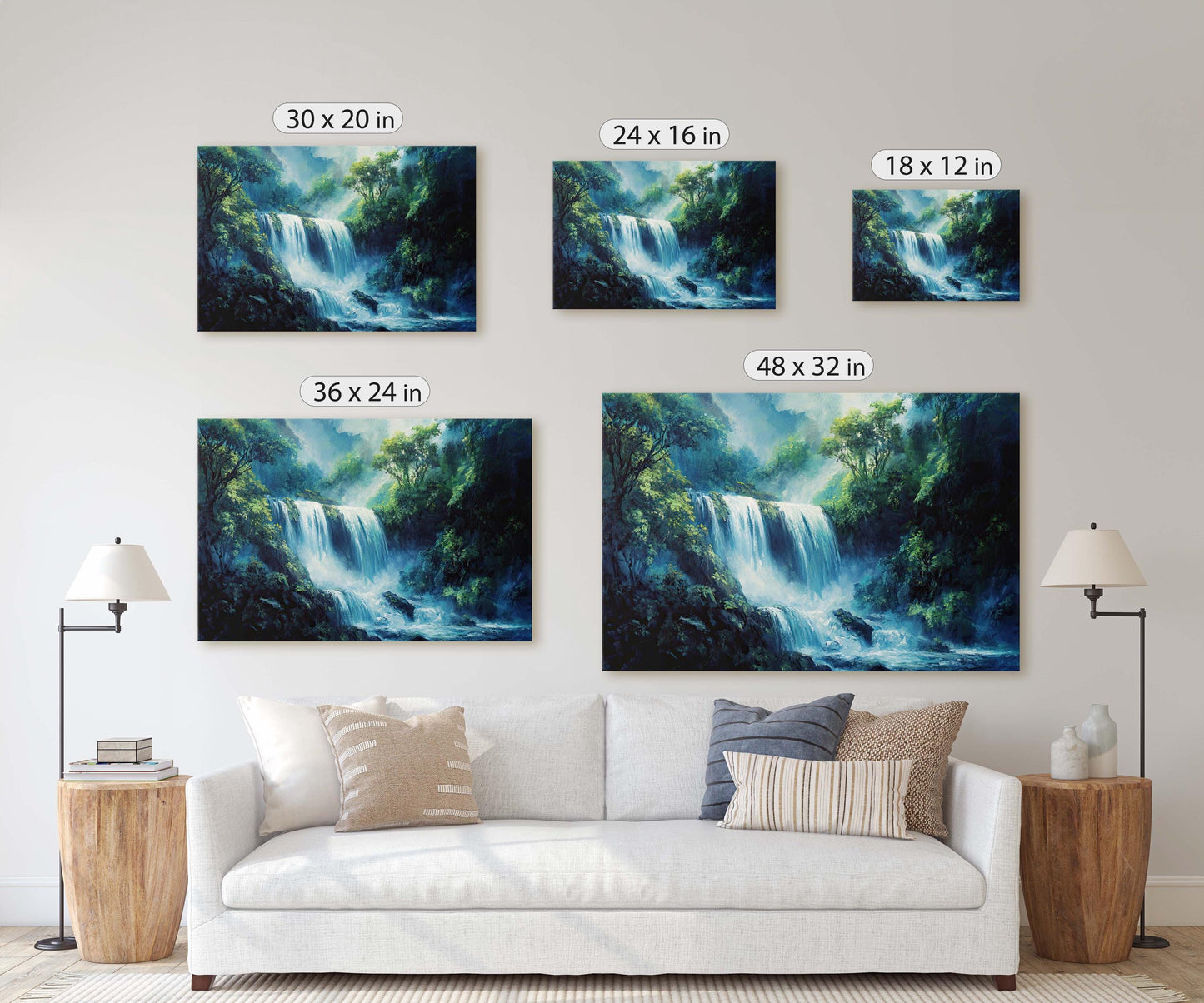 Waterfall Painting, Nature painting, Rushing waterfall, Mountain River, Mountain Lake