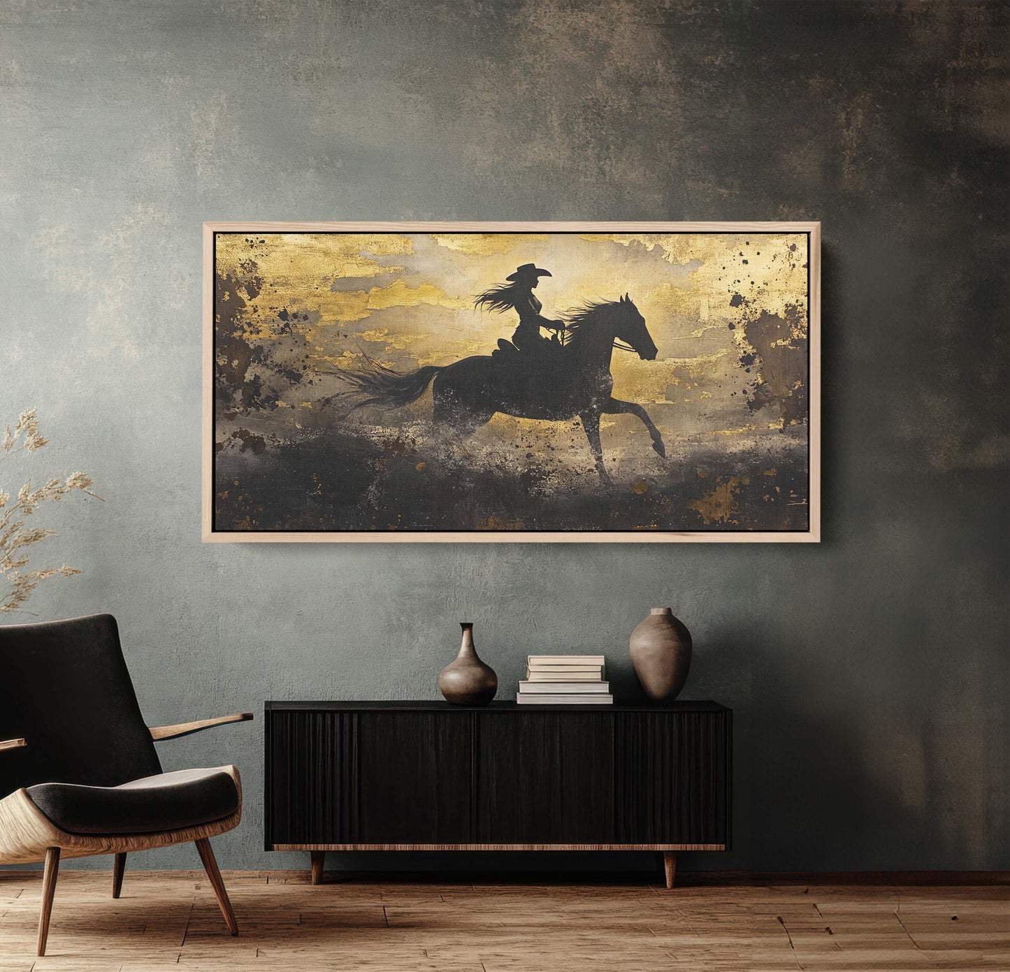 Woman Riding Horse, Cowgirl Painting, Black and Gold, Cowboy Art, Western Decor