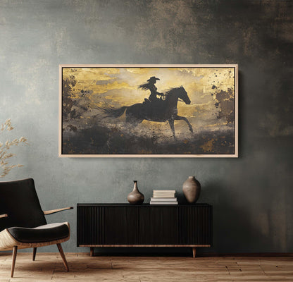 Woman Riding Horse, Cowgirl Painting, Black and Gold, Cowboy Art, Western Decor