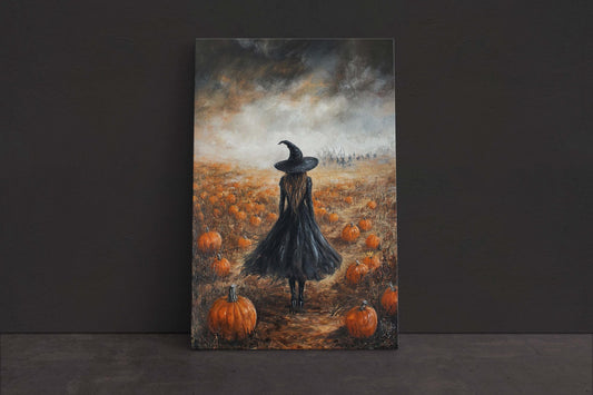 Witch in Field, With Pumpkin Path, Gothic Halloween, Dark Academia, Victorian Art, VIntage Decor, Creepy Decor