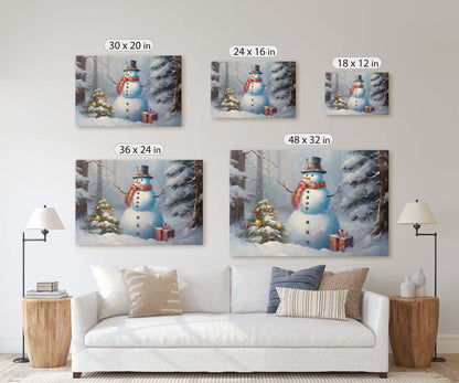 Snowman Present, Christmas Snowman, Snow Trees, Festive Decor, Holiday Art, Xmas Print, Framed Canvas, Large Print
