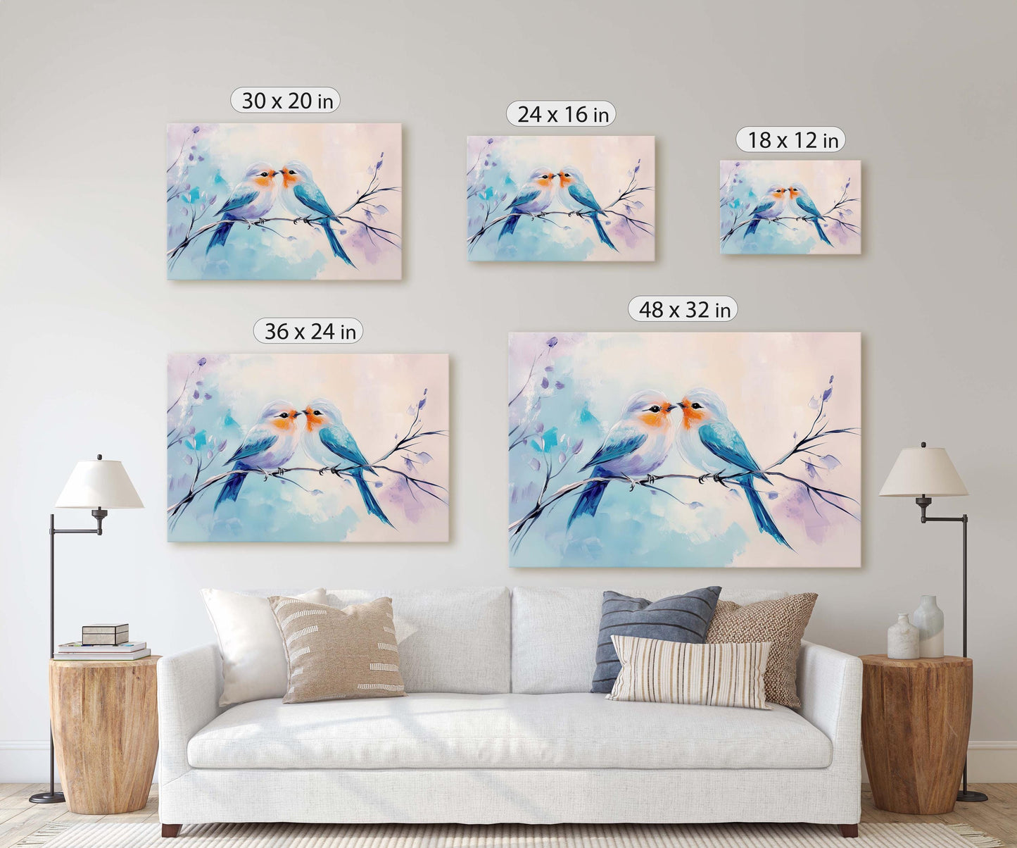 Love Birds, Bird Print, Pastel Colors, Blue Pink