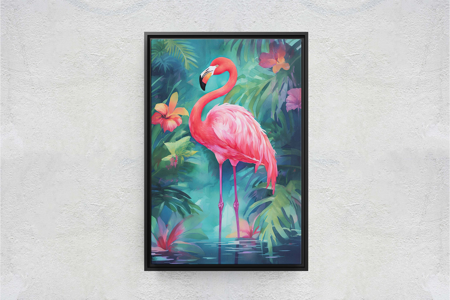 Flamingo on Canvas, Tropical Bird, Botanical Animal, Framed Canvas, Pink Green, Vertical Portrait, Exotic Bird