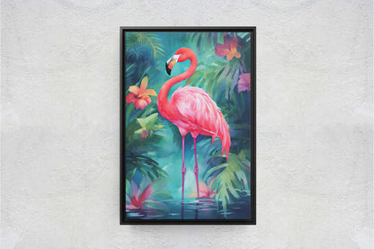 Flamingo on Canvas, Tropical Bird, Botanical Animal, Framed Canvas, Pink Green, Vertical Portrait, Exotic Bird