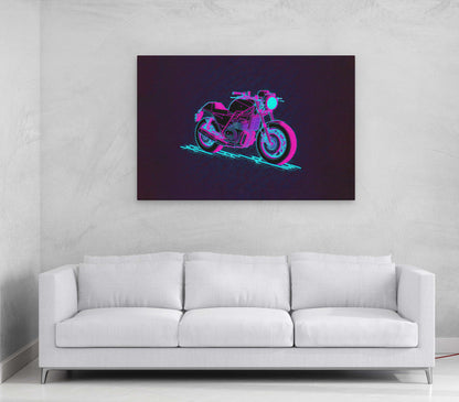 Motorcycle Pixel Art Canvas Art Ready To Hang Large Print, Man Cave, Video Game, Retro, Synthwave, Neon
