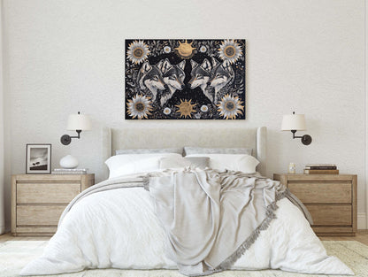 Wolves Folk Art, Celestial Art, Wolf Art, Nature print, Canvas print