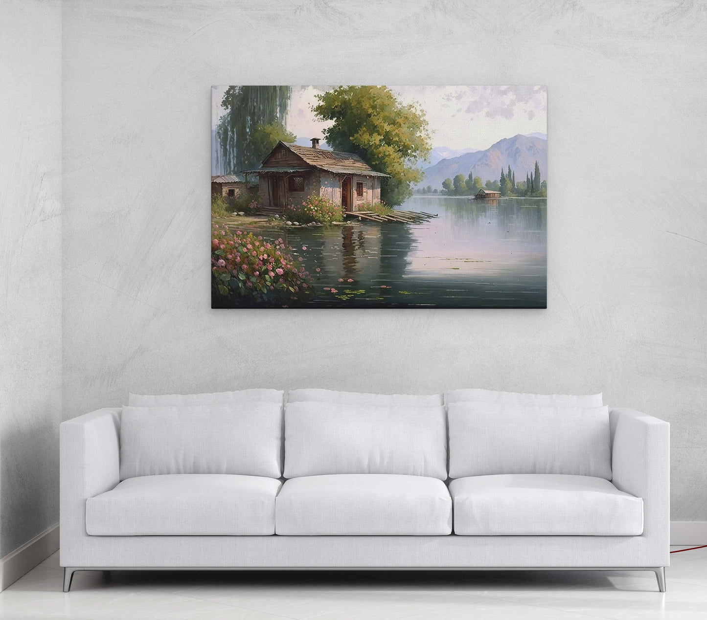 Lake Cottage Canvas Art Ready To Hang Large Print, Oil Painting, Landscape, Dali Lake India