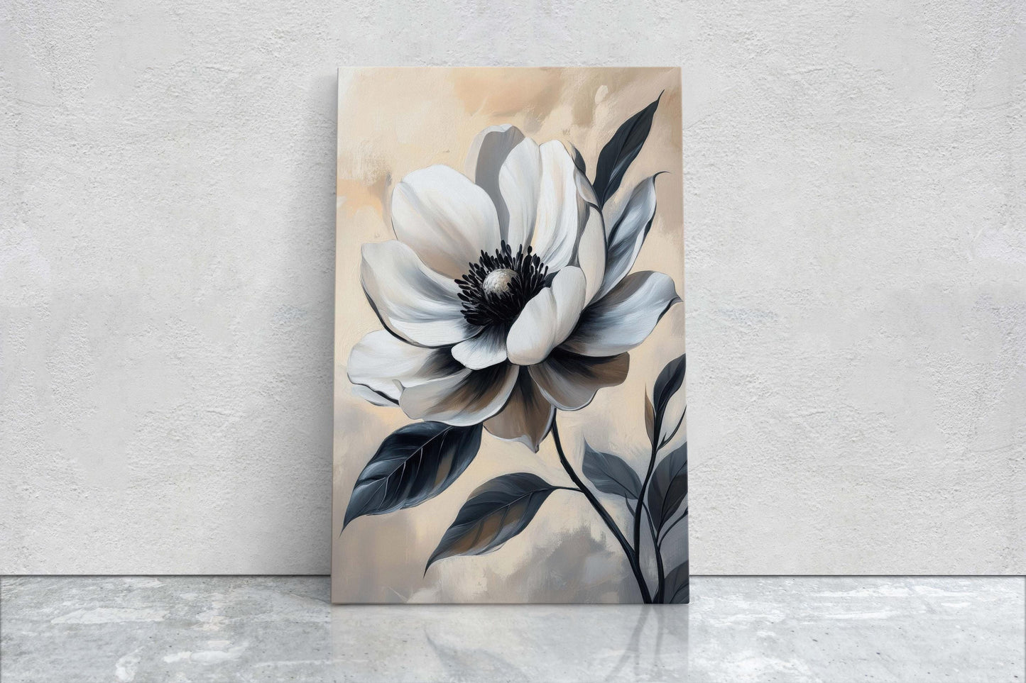Black And White Flower, Flower Painting, Neutral Tones, Beige Black White