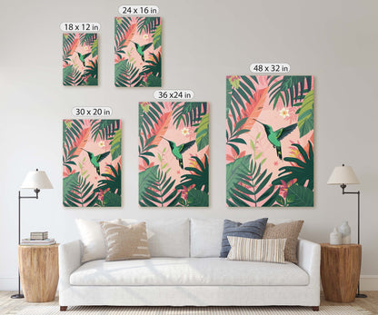 Hummingbird Illustration, Framed Canvas, Tropical Art, Maximalist Jungle, Botanical Print, Bold Eclectic