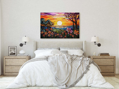 Stained Glass Painting, Faux Stained Glass, Sunset Flowers, Sunrise Field, Mountain Landscape, Framed Canvas, Vivid Colorful