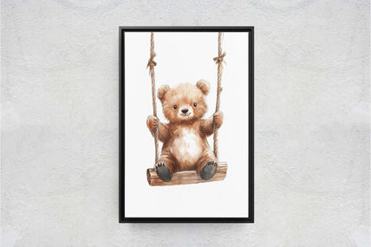 Cute Bear Swinging, Bear Art, Childrens Decor, Kids Art, Girls Room, Boys Room