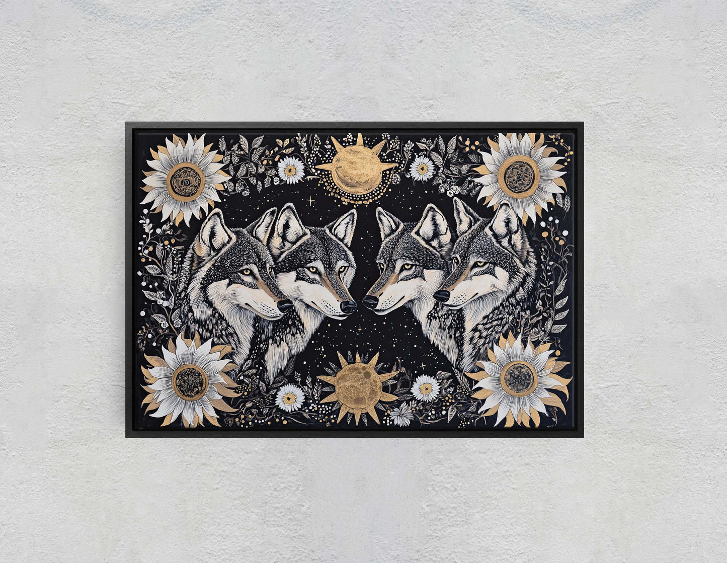 Wolves Folk Art, Celestial Art, Wolf Art, Nature print, Canvas print