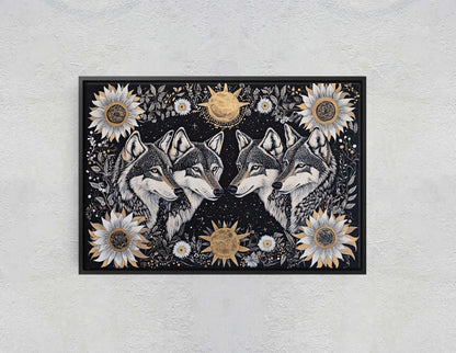 Wolves Folk Art, Celestial Art, Wolf Art, Nature print, Canvas print