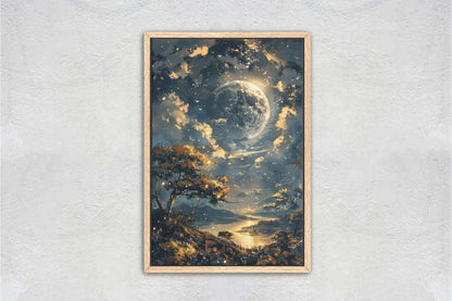 Full Moon, Celestial Painting, Night Sky, Golden Glow, Majestic Landscape, Framed Canvas, Large Art Print