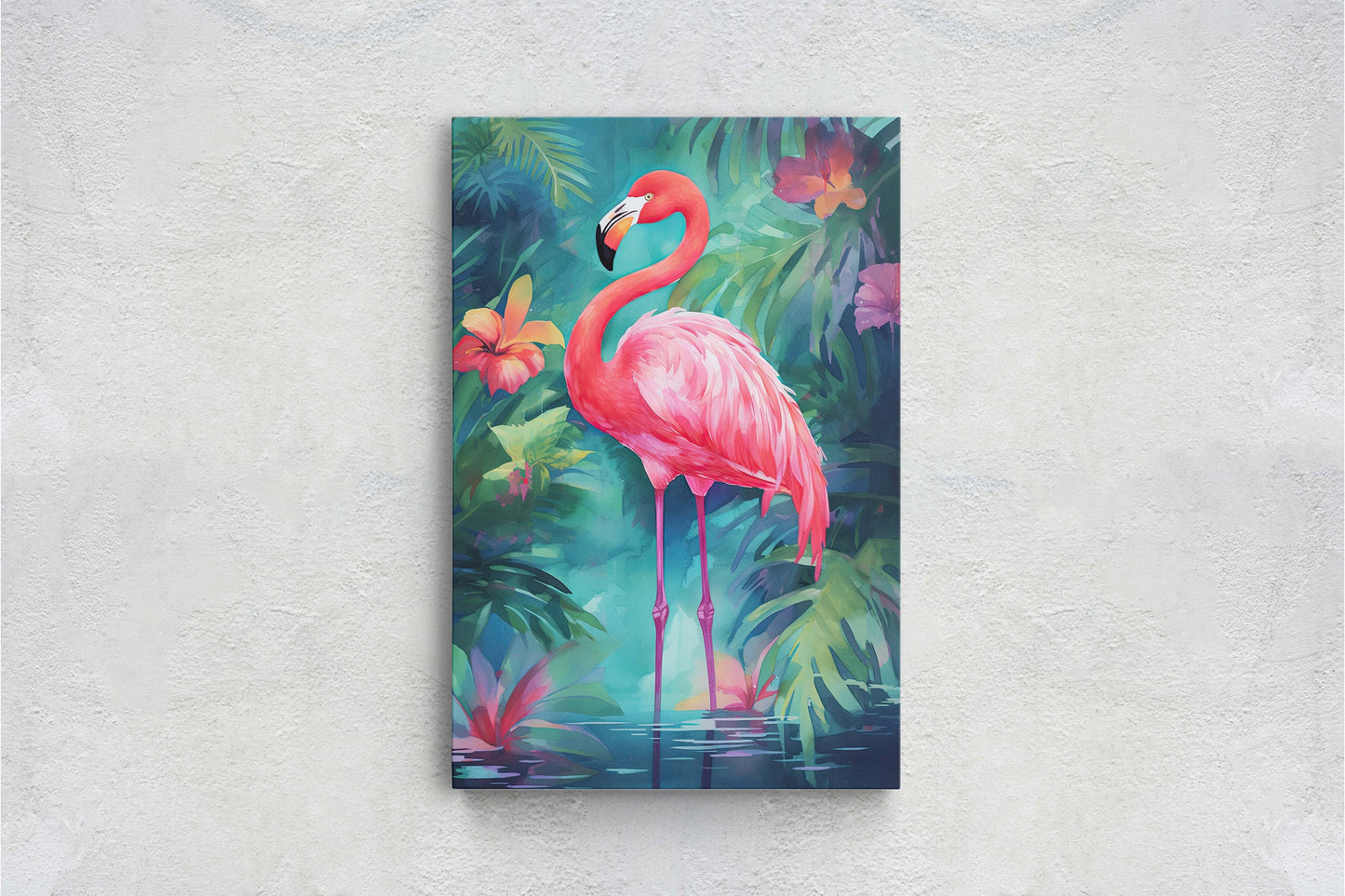Flamingo on Canvas, Tropical Bird, Botanical Animal, Framed Canvas, Pink Green, Vertical Portrait, Exotic Bird