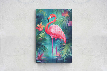 Flamingo on Canvas, Tropical Bird, Botanical Animal, Framed Canvas, Pink Green, Vertical Portrait, Exotic Bird