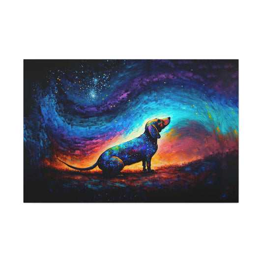 Star Gazing Dachshund Canvas Art Ready To Hang Large Print, Oil Painting, Colorful, Dog, Space, Galaxy