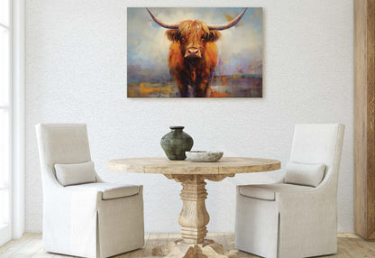 Highland Cow, Scottish Cow, Scotland Cattle, Long-haired cow, Rustic Farmhouse, Farm Animal, Barn Decor, Canvas Art Print, Painting